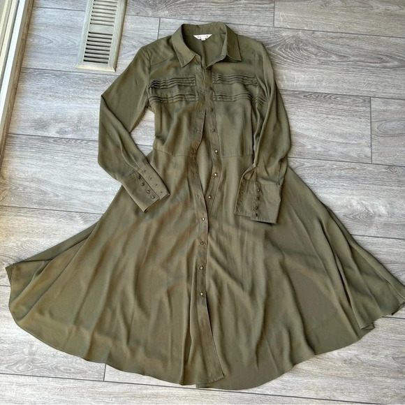 Nanette Lepore Military  Green Button Down Midi Shirtdress with Slips - Picture 7 of 16